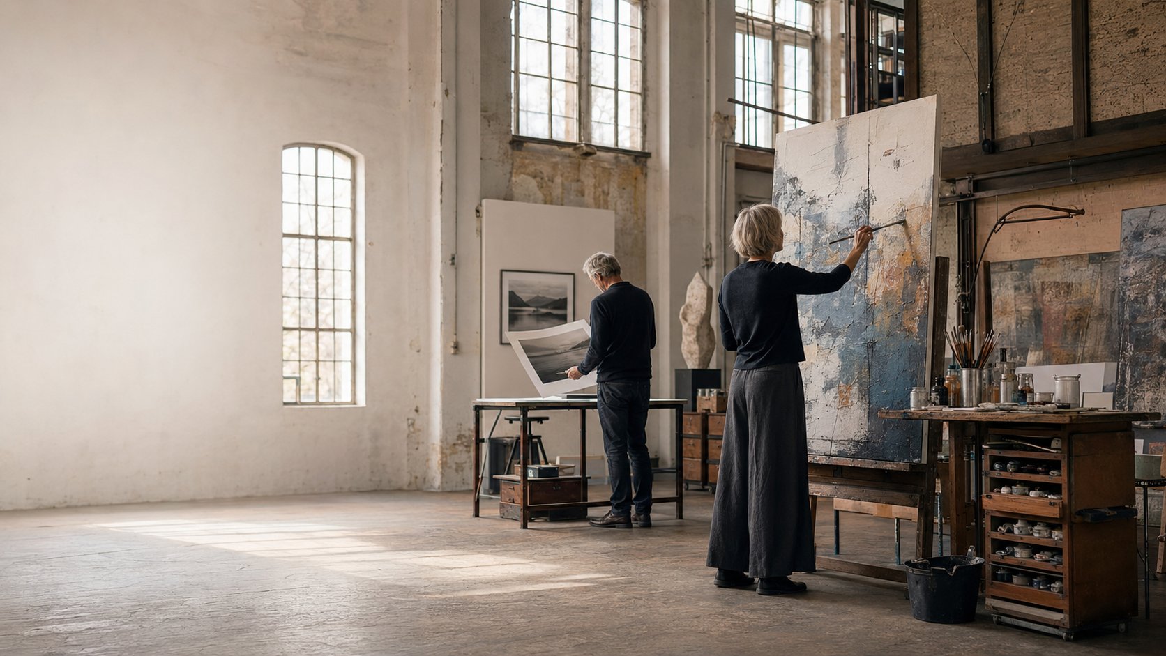Künstlerin und Fotograf bei der Arbeit in einem hellen Konstanzer Industrieatelier
